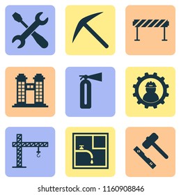 Construction icons set with drawing, barrage, fire extinguisher and other bathroom elements. Isolated vector illustration construction icons.