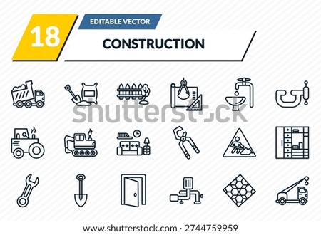 construction icons set - dump truck, cement, garden fence, paving, crane truck outline vector collection.