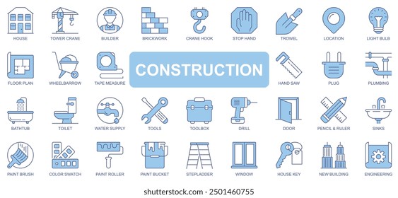 Construction icons set in duotone outline stroke design for web. Pack pictograms of house, tower crane, builder, brickwork, hook, trowel, location, plan, wheelbarrow, plug, other. Vector illustration.