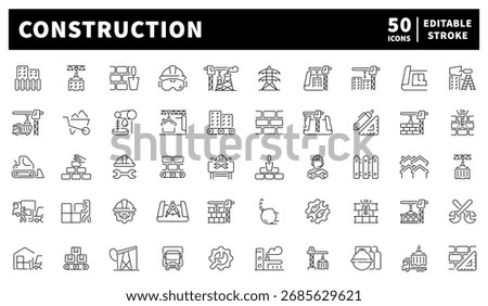 Construction icons set: editable line icons, outline, building and architecture symbols