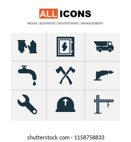 Construction icons set with electrical board, screwdriver, water crane and other drill elements. Isolated vector illustration construction icons.