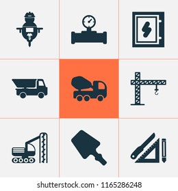 Construction icons set with electrical board, pipe with sensor, scraper and other math elements. Isolated vector illustration construction icons.