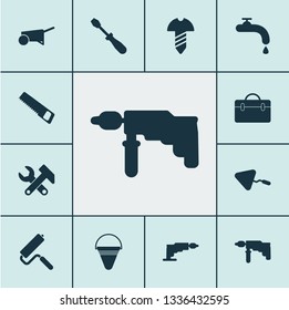 Construction icons set with fire bucket, instruments, saw and other electric driver elements. Isolated vector illustration construction icons.