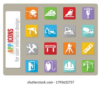 construction icons set in flat design with long shadow