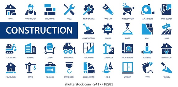 Construction icons set. Flat web icon set construction, home repair tools. Construction vehicle, elements, tools.