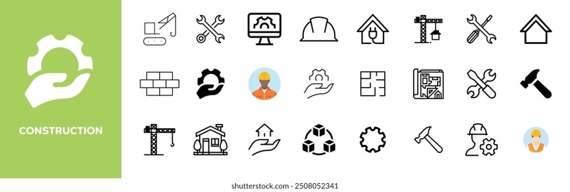 Construction icons set. Flat web icon set construction, home repair tools. Construction vehicle, elements, tools.