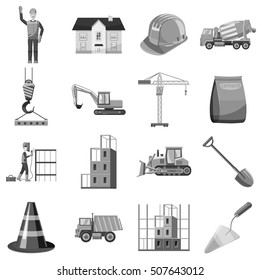 Construction icons set. Gray monochrome illustration of 16 construction vector icons for web
