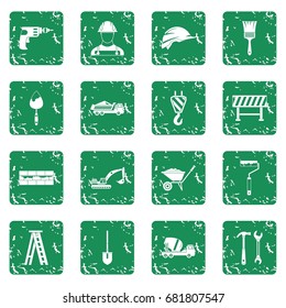 Construction icons set in grunge style green isolated vector illustration