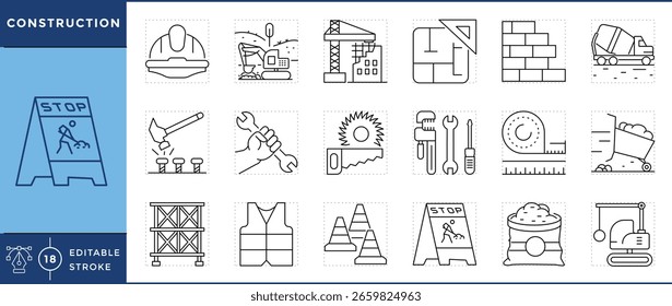 Construction icons set. Hard hat, excavator, crane, blueprint, bricks, concrete mixer, hammer, wrench, safety vest, scaffolding, and many more. Vector editable stroke.