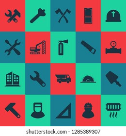 Construction icons set with high rise buildings, drilling machine, wrench and other tool elements. Isolated vector illustration construction icons.