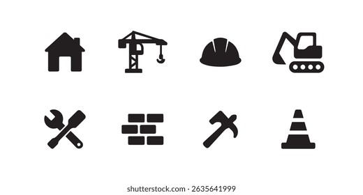 Construction Icons Set – House, Crane, Helmet, Excavator, Tools, Bricks, Hammer, Cone – Black Silhouette Vector Symbols for Building and Architecture