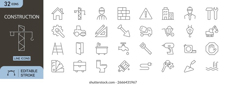 Conjunto de ícones de construção. Inclui construção, ferramentas, guindaste, capacete, tijolos, planta, engenharia, segurança e elementos de arquitetura. Traçado editável. Ícones de linha. Perfeito para infográficos e imóveis.