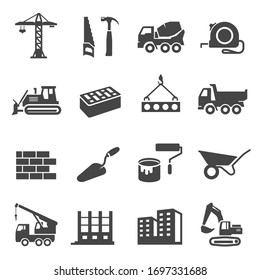 Construction icons set, industrial business and professional tools. Engineering or building technology. Vector construction illustration on white background