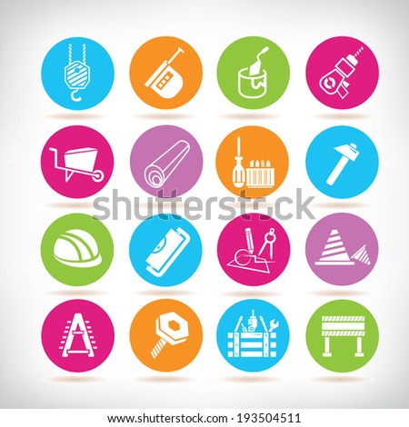 construction icons set, industrial tools icons, colorful buttons set
