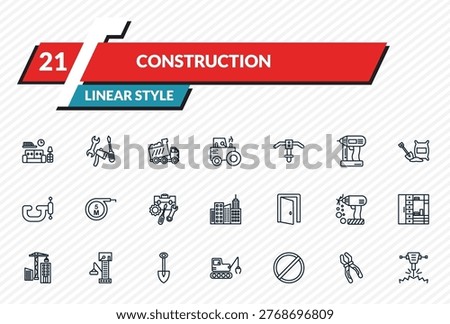 construction icons set - interior de, three tools, dump truck, inclined clippers, hydraulic breaker outline vector collection.