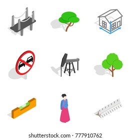 Construction icons set. Isometric set of 9 construction vector icons for web isolated on white background