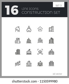 Construction icons. Set of  line icons. Church, garage, hospital. Urban environment concept. Vector illustration can be used for topics like city, architecture, infrastructure