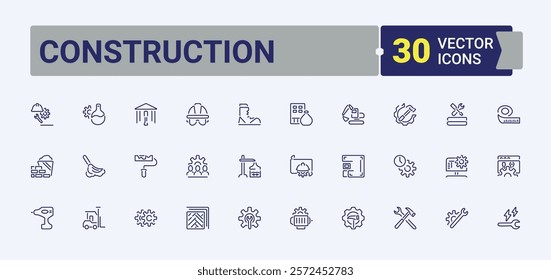 Construction icons set in linear style. Containing hand, paint, service, construction, spanner, electricity, helmet and more. Simple icon designs. Vector illustration in modern line style.