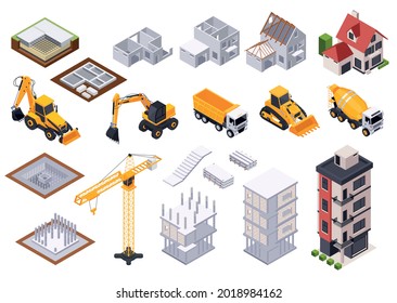 Construction icons set with construction machines isometric isolated vector illustration