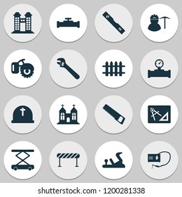 Construction icons set with miner, pipeline with crane, towers and other water ruler elements. Isolated vector illustration construction icons.