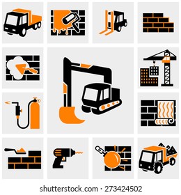 Construction icons set on gray