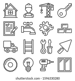 Construction Icons Set on White Background. Line Style Vector