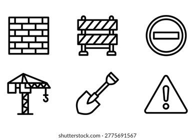 Construction icons set outline symbols for building roadwork safety with brick wall no entry warning sign building
