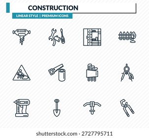 Conjunto de iconos de construcción: perforación de picos, tres herramientas, gran clo, brújula de dibujo, colección de Vector de contorno de grandes cortadoras.