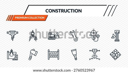 construction icons set - pickaxes drilling, drawing compass, derrick with box, inclined ax, paving outline vector collection.