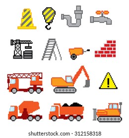 Construction icons set. Pixel art. Old school computer graphic style.