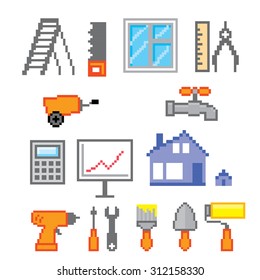 Construction icons set. Pixel art. Old school computer graphic style.