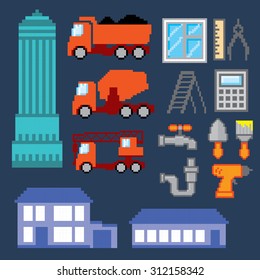 Construction icons set. Pixel art. Old school computer graphic style.