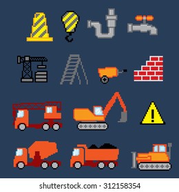 Construction icons set. Pixel art. Old school computer graphic style.