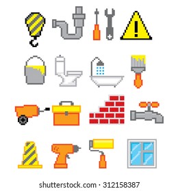 Construction icons set. Pixel art. Old school computer graphic style.