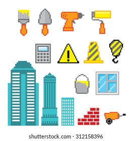 Construction icons set. Pixel art. Old school computer graphic style.