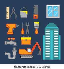 Construction icons set. Pixel art. Old school computer graphic style.