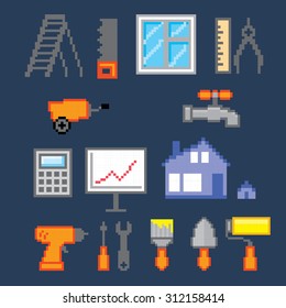 Construction icons set. Pixel art. Old school computer graphic style.