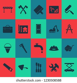 Construction icons set with putty knife, water crane, construction wheelbarrow and other machinery elements. Isolated vector illustration construction icons.