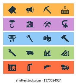 Construction icons set with putty knife, hammer, horn and other drill elements. Isolated vector illustration construction icons.
