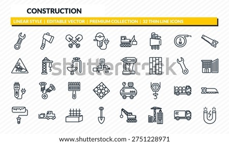 construction icons set - round wrench, inclined ax, two shovels, truck with freight, inclined magnet outline vector collection.