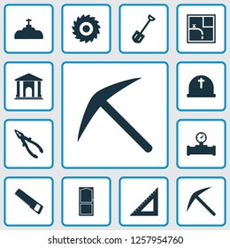 Construction icons set with shovel, cemetery, pliers and other sawmill elements. Isolated vector illustration construction icons.