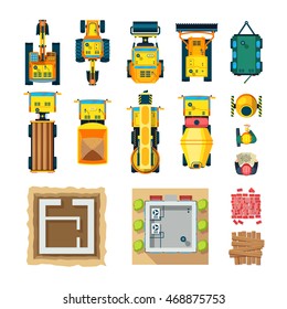 Construction icons set top view with construction machines flat isolated vector illustration 