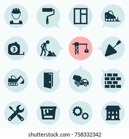 Construction Icons Set With Tractor, Cogwheel, Glass Frame And Other Lifting Hook Elements. Isolated Vector Illustration Construction Icons.