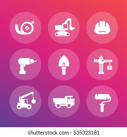 construction icons set, trowel, drill, roller, excavator, heavy truck, crane, tape measure