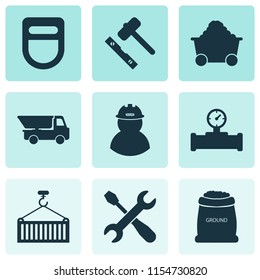 Construction icons set with truck, screwdriver with key, trolley and other dumper elements. Isolated vector illustration construction icons.