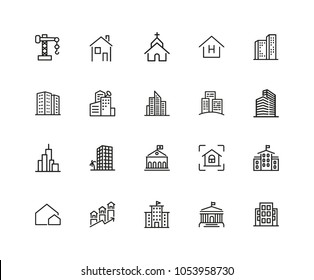 Construction icons. Set of twenty line icons. Church, garage, hospital. Urban environment concept. Vector illustration can be used for topics like city, architecture, infrastructure