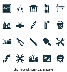Construction icons set with valve, screwdriver with key, crane and other brickwork elements. Isolated vector illustration construction icons.