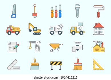 Construction Icons Set - Vector Color Symbols Of Building, Crane, Truck, Bulldozer, Saw, Wrench, Shovel And Other Tool For The Site Or Interface