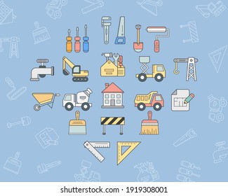 Construction Icons set - Vector color symbols and outline of building, crane, truck, bulldozer, saw, wrench, shovel and other tool for the site or interface