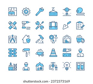 Construction icons set. Vector line icons. Blue color outline stroke symbols. Modern concepts